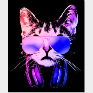 Neon Cat DJ With Headphones Posters and Art